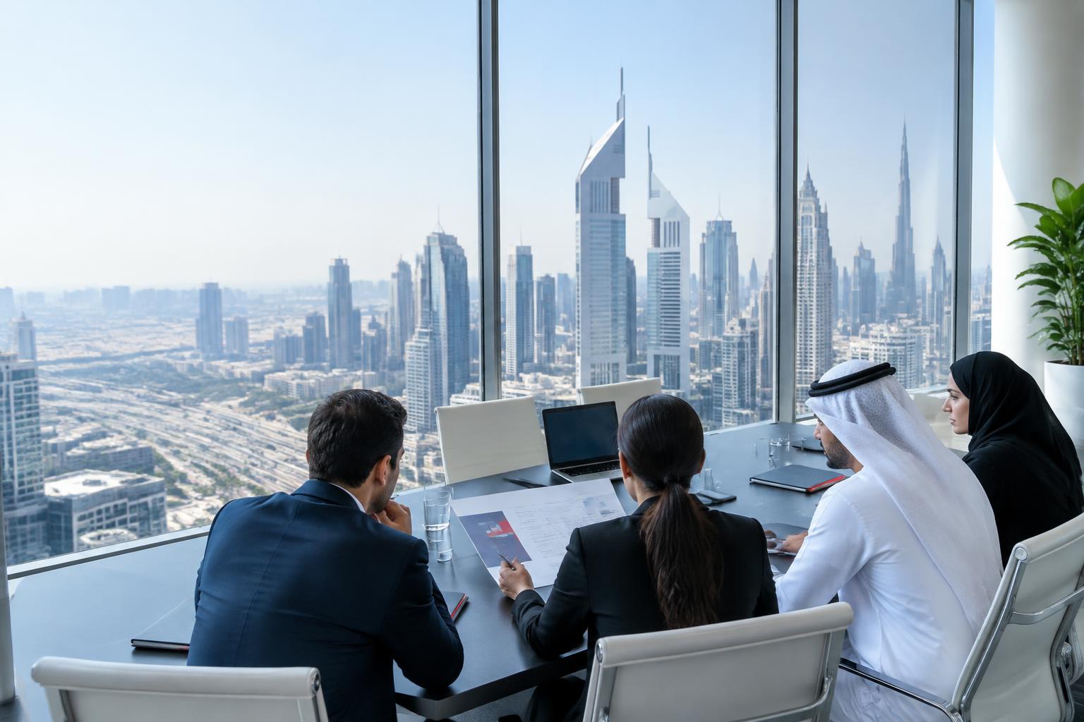 Business continuity planning meeting overlooking the Dubai skyline