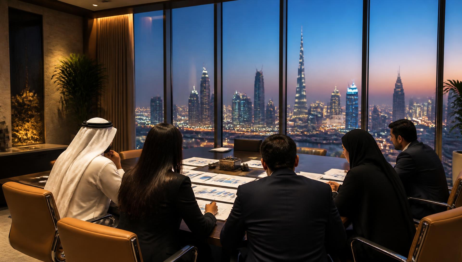 Advisory team reviewing strategy in a Dubai boardroom with skyline views