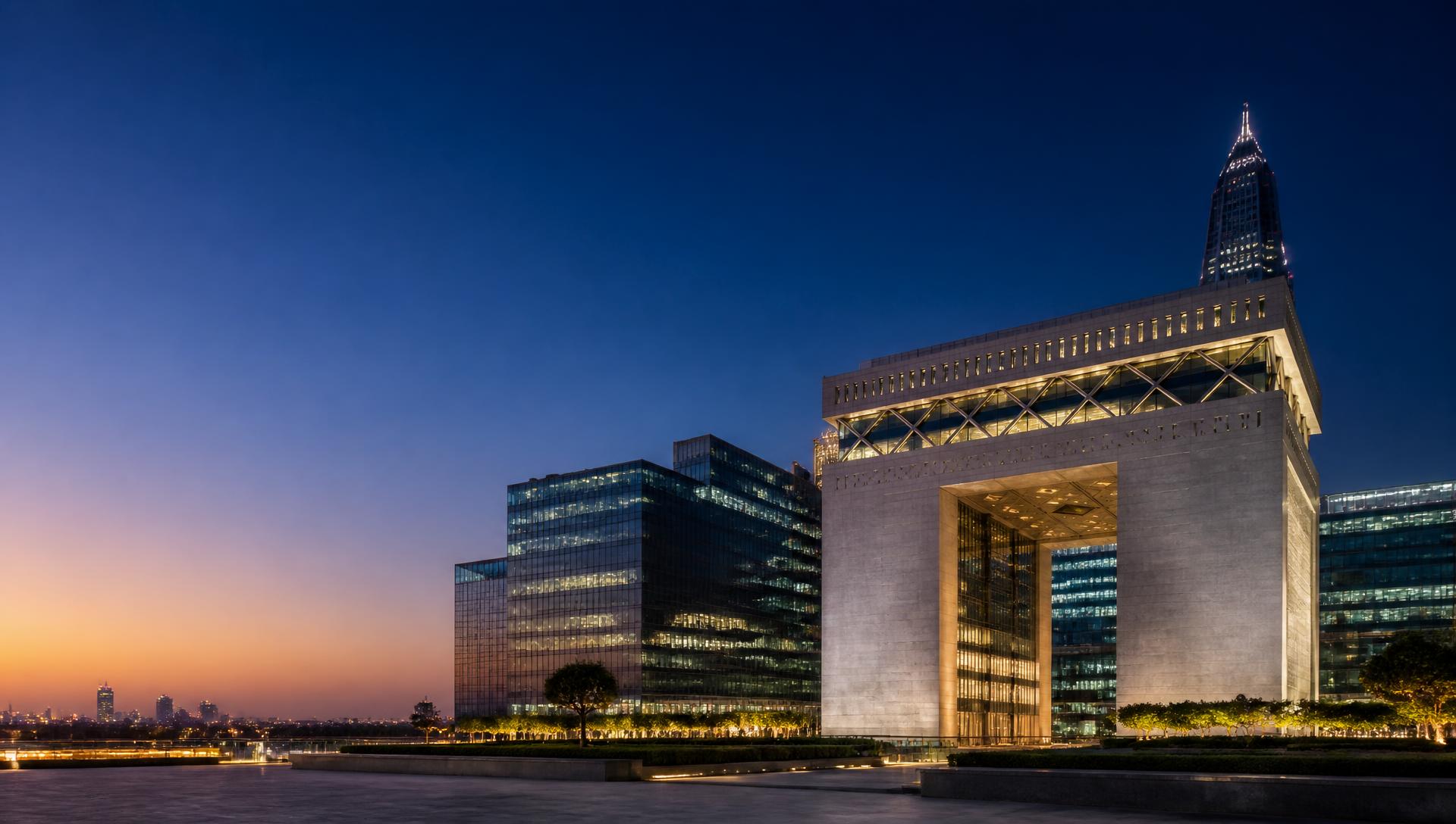 DIFC Gate building and Dubai financial district skyline at twilight
